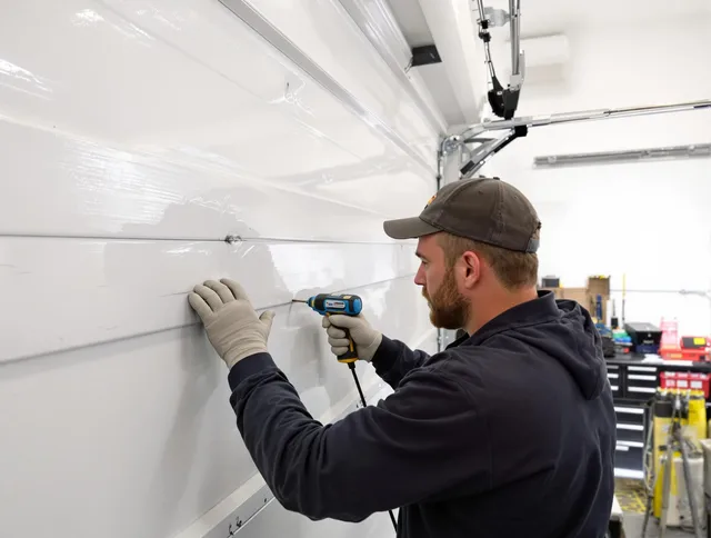 Buena Park Garage Door Repair technician demonstrating precision dent removal techniques on a Buena Park garage door