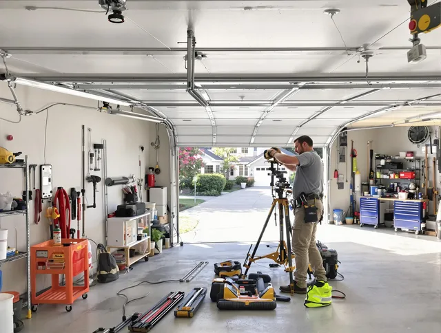 Buena Park Garage Door Repair specialist performing laser-guided track alignment in Buena Park